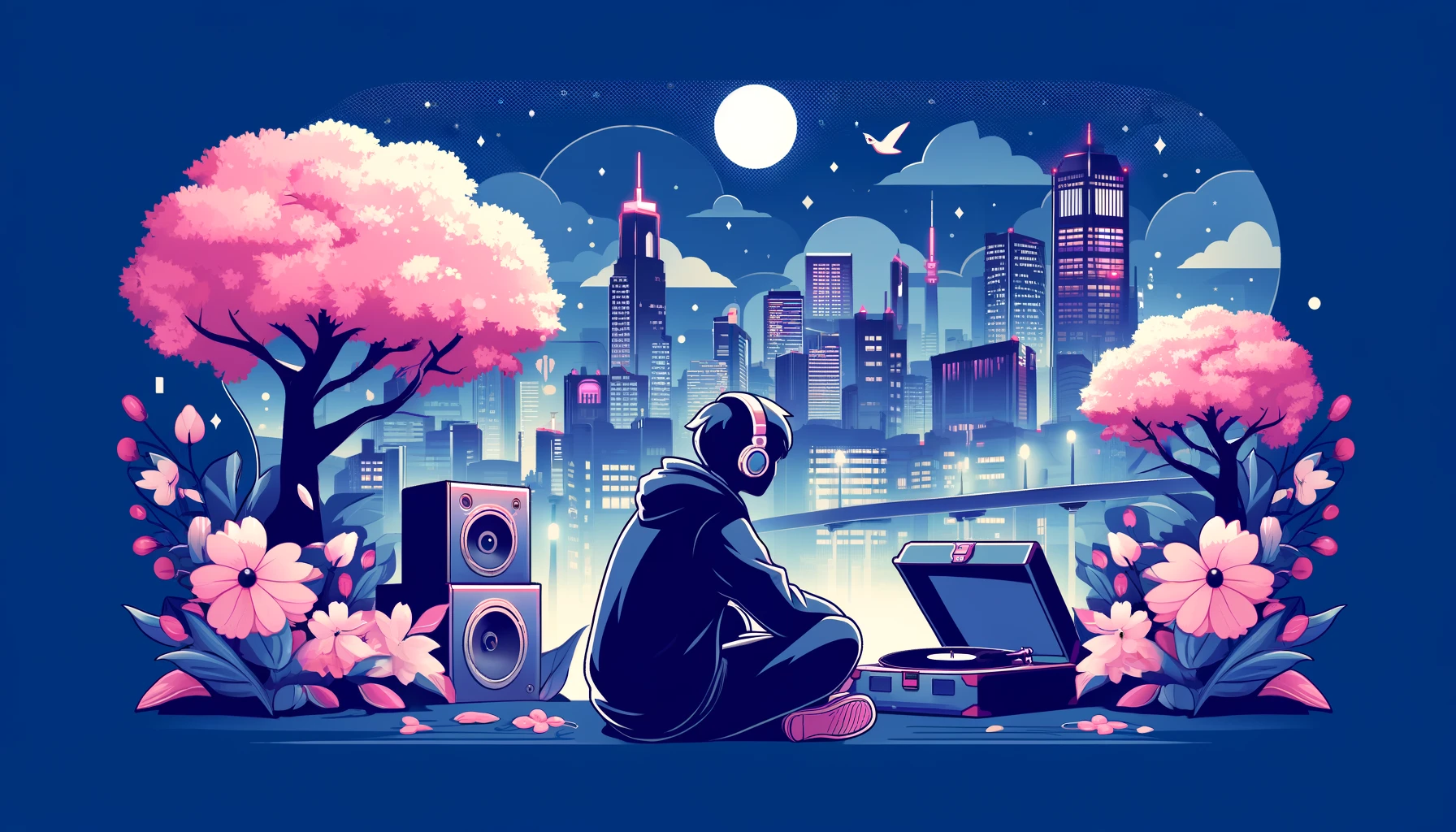 夜の日本の都市景観と桜、レコードプレーヤーとヘッドフォンを使う若者のシルエットが描かれた、Lofi Hiphop音楽のリラックスした雰囲気のアニメスタイルアイキャッチ画像