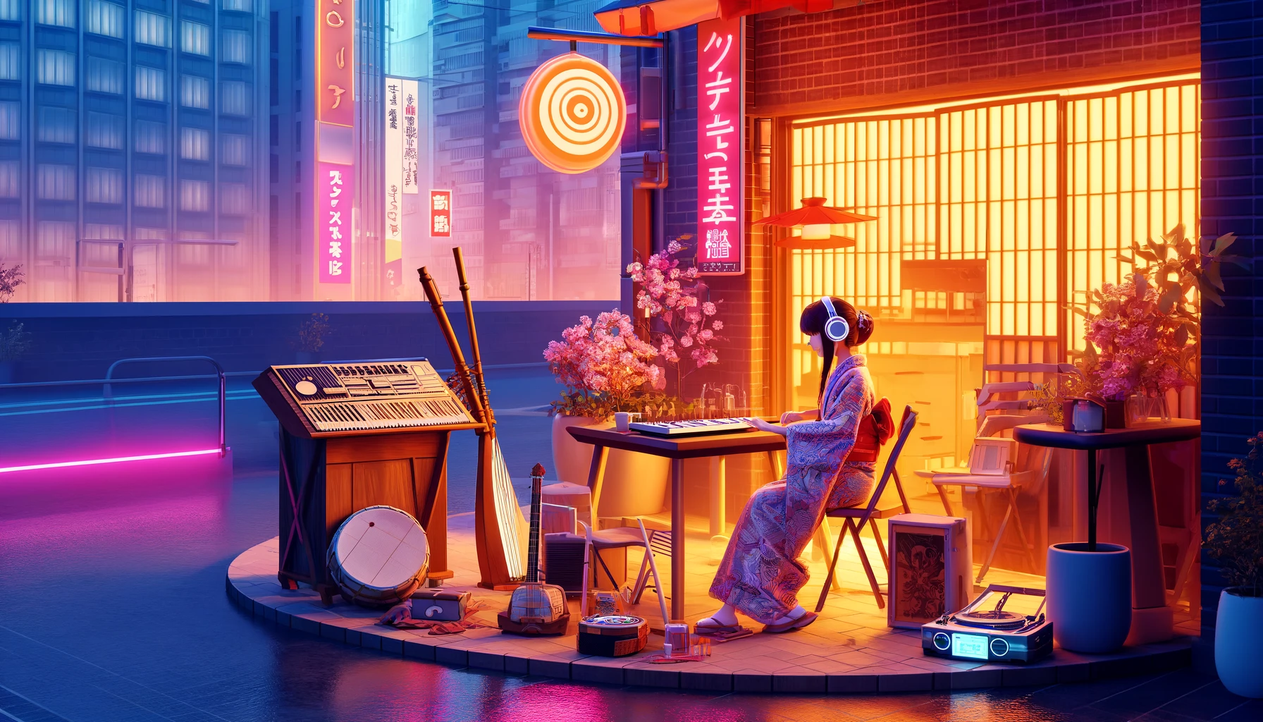 日本のアニメ風に描かれた東京のカフェコーナー。夕暮れ時、和服を着た若いアーティストがヘッドホンで音楽を楽しんでいます。近くには三味線と尺八があり、モダンなサンプラーとターンテーブルも見えます。背景にはネオンライトが反射する都市の景色が広がっています。