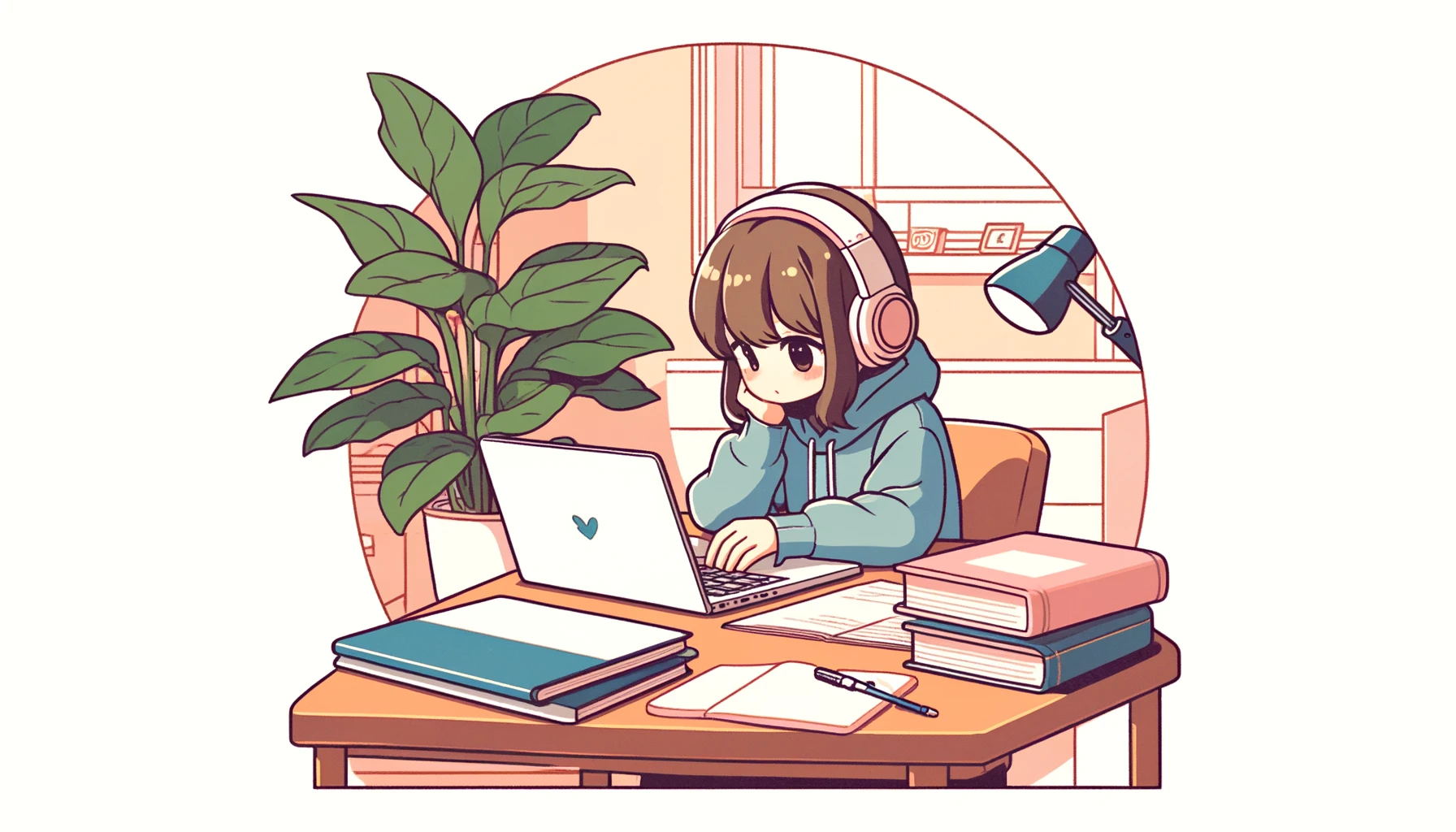 日本のアニメ風イラストで、ヘッドホンを着けてLo-fi音楽を聴きながら勉強する学生。机にはノートや教科書、パソコンが置かれ、背景にはリラックスできる雰囲気を演出する観葉植物が描かれている。